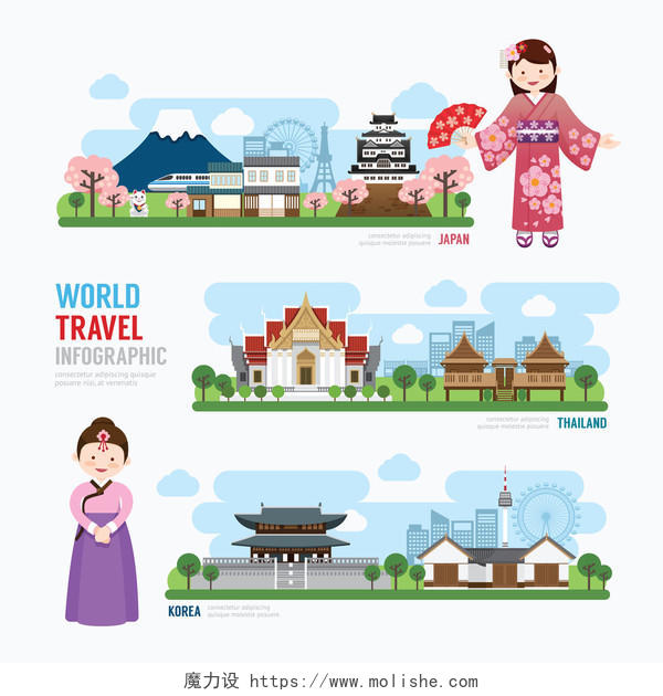 旅行和建设亚洲地标的矢量插图韩国旅游